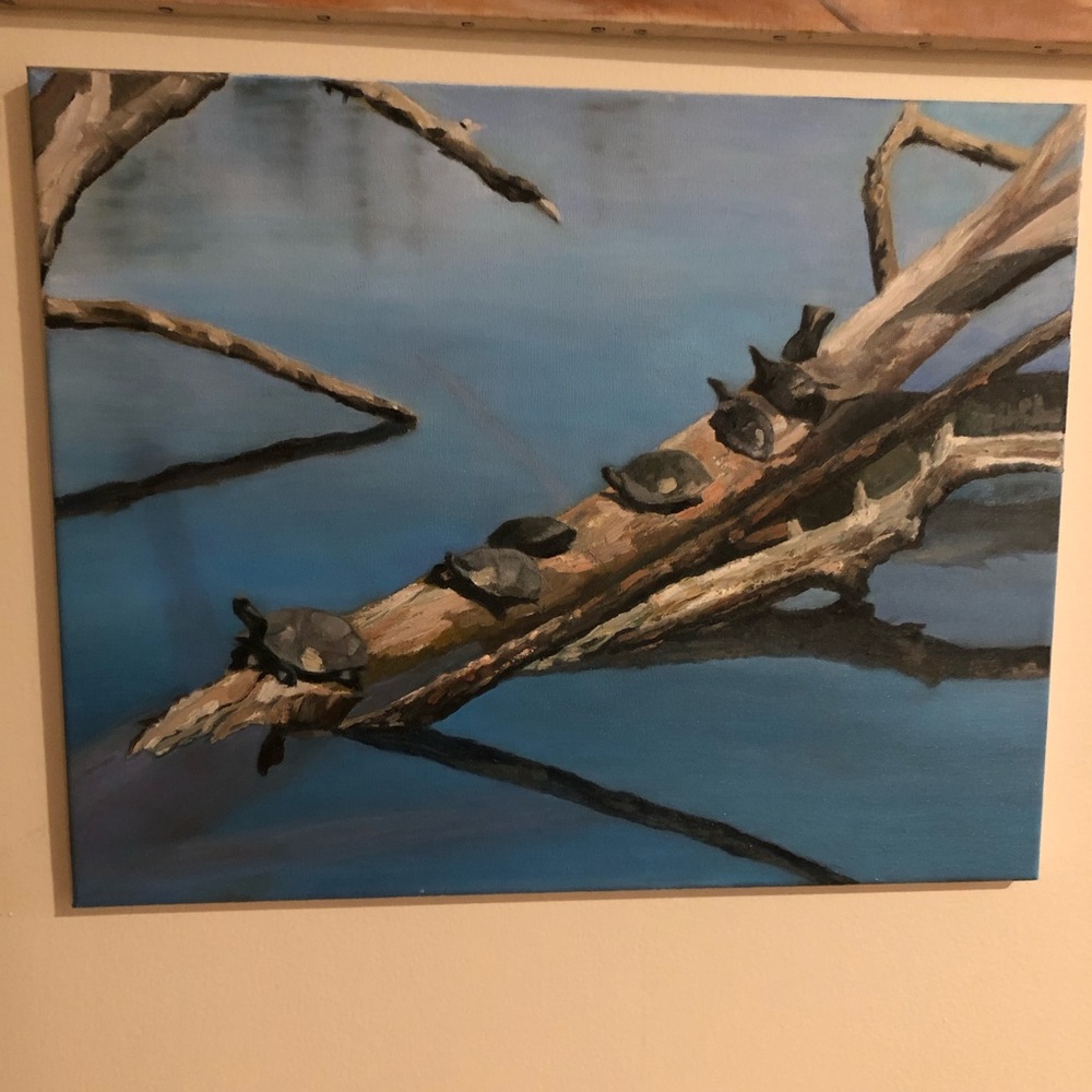 Original oil painting featuring turtles on a branch